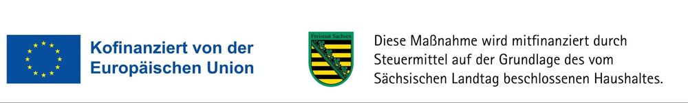 Das Bild zeigt die Europäische Flagge und das Wappen von Sachsen. Daneben steht, dass das Projekt durch diese Institutionen kofinanziert und unterstützt wird.